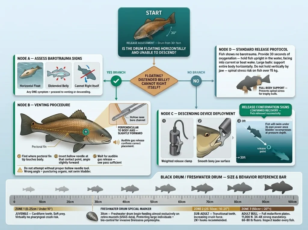 Infographic showing drum barotrauma decision flowchart with venting anatomy, descending device steps, recovery signs, and zebra mussel size bar