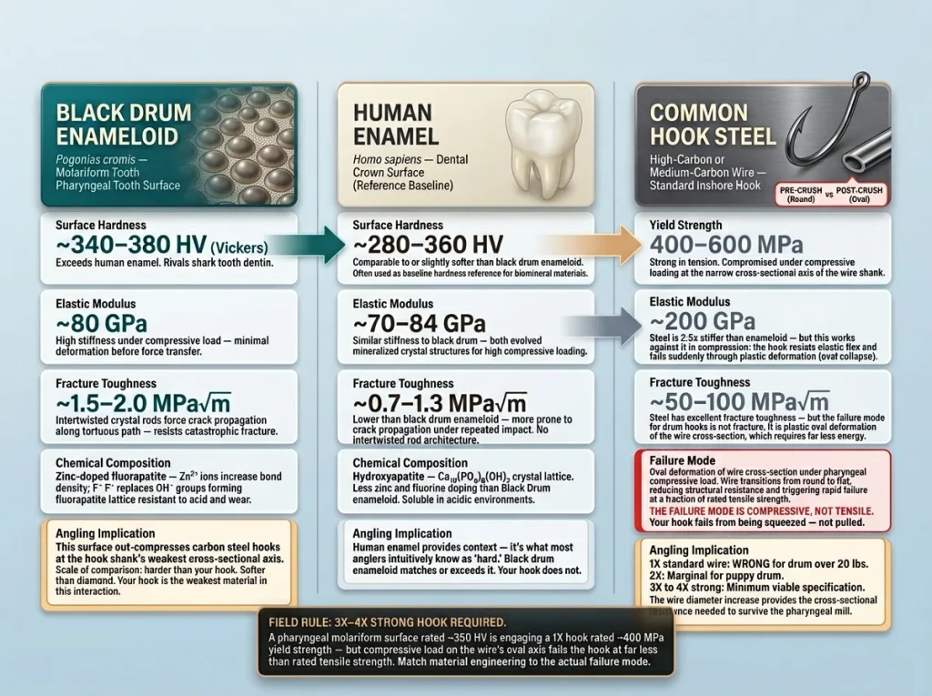 Infographic comparing black drum enameloid, human enamel, and hook steel across hardness, elastic modulus, and fracture toughness with angling implications