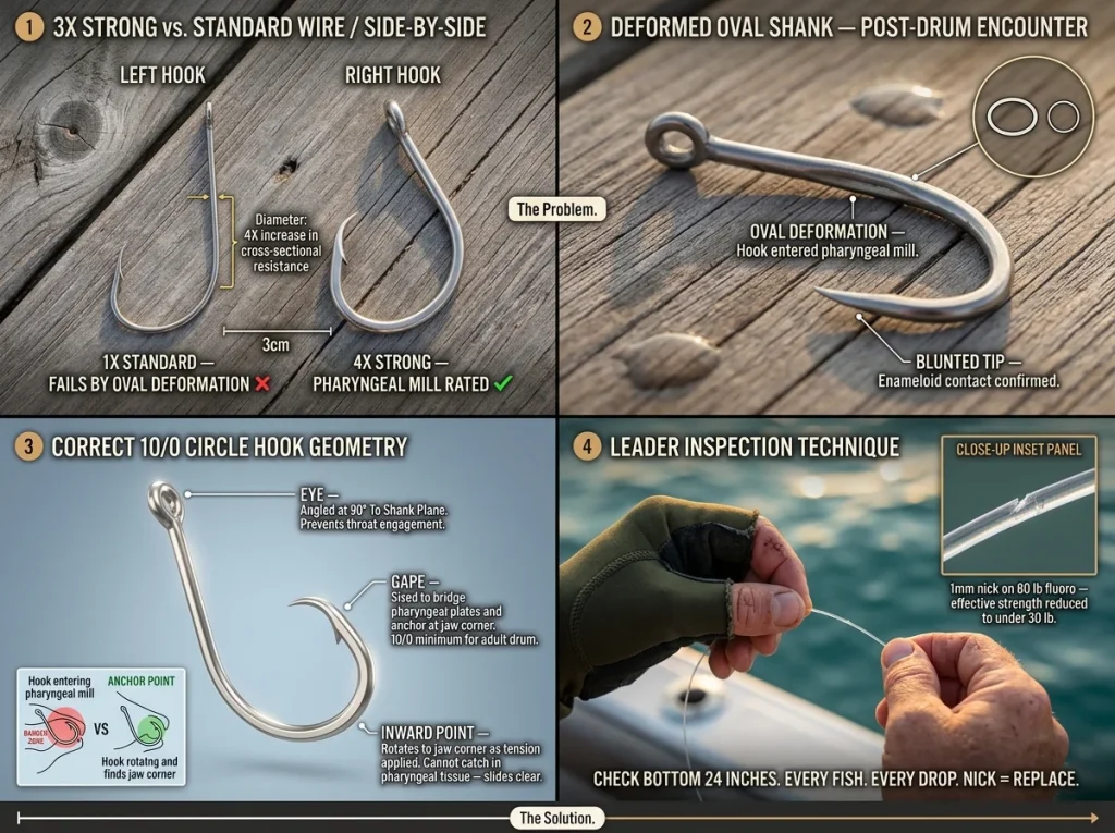 Photo sequence showing 3X strong vs standard hook comparison, oval-deformed drum hook, 10/0 circle hook geometry, and leader inspection technique