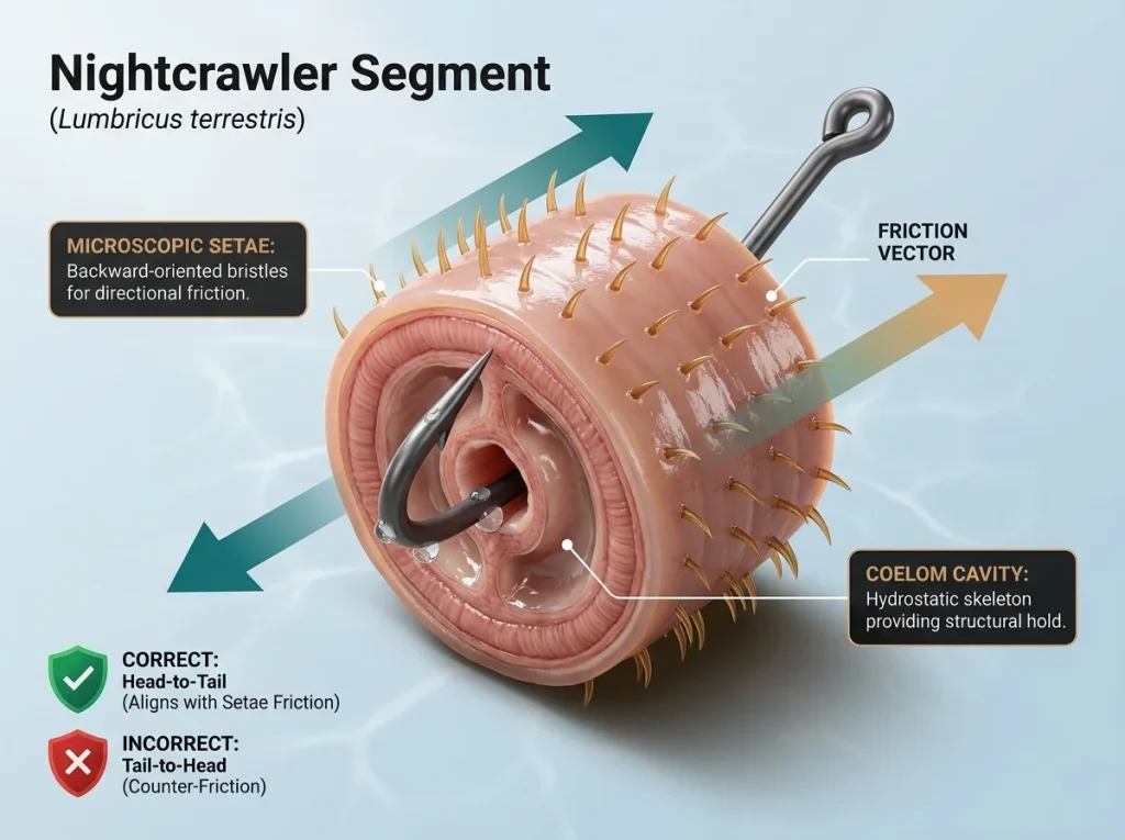 Infographic showing earthworm cross-section anatomy with setae orientation, coelom pressure, and correct hook threading path