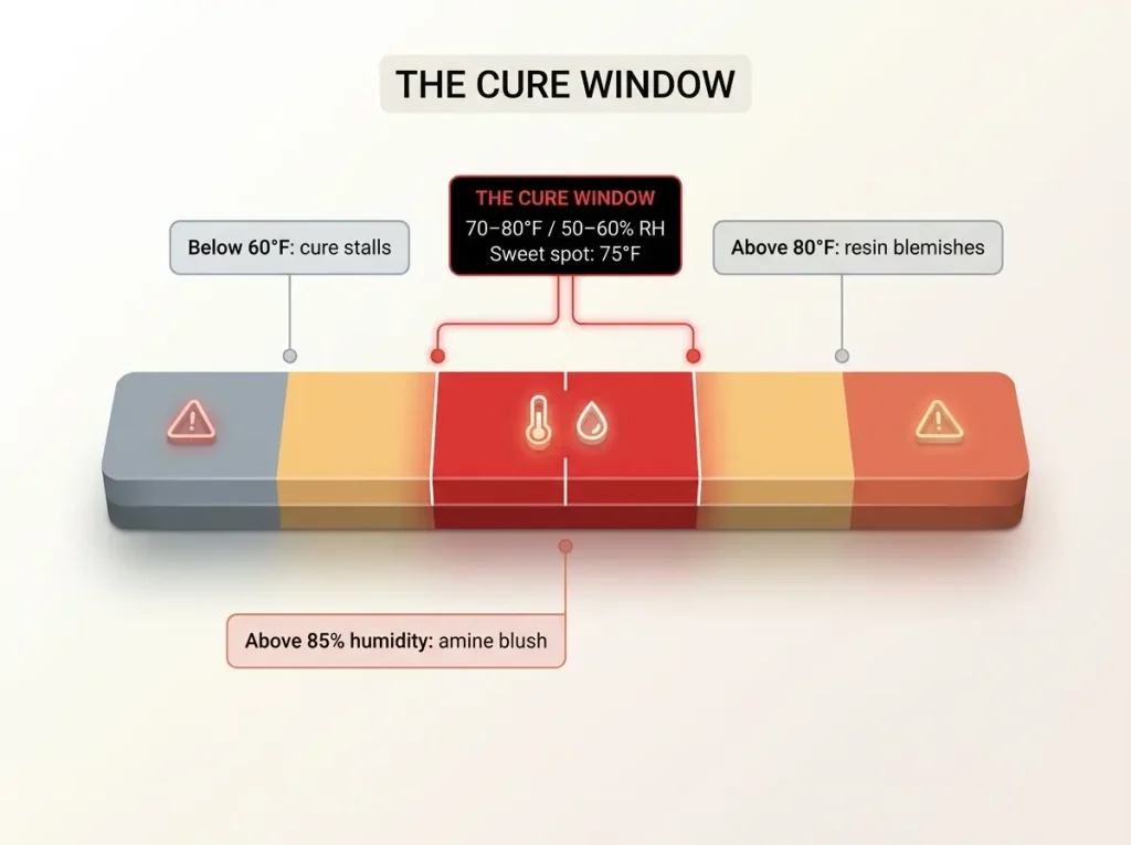 Infographic showing rod finish epoxy cure sweet spot temperature and humidity range with stalled cure and blush failure zones