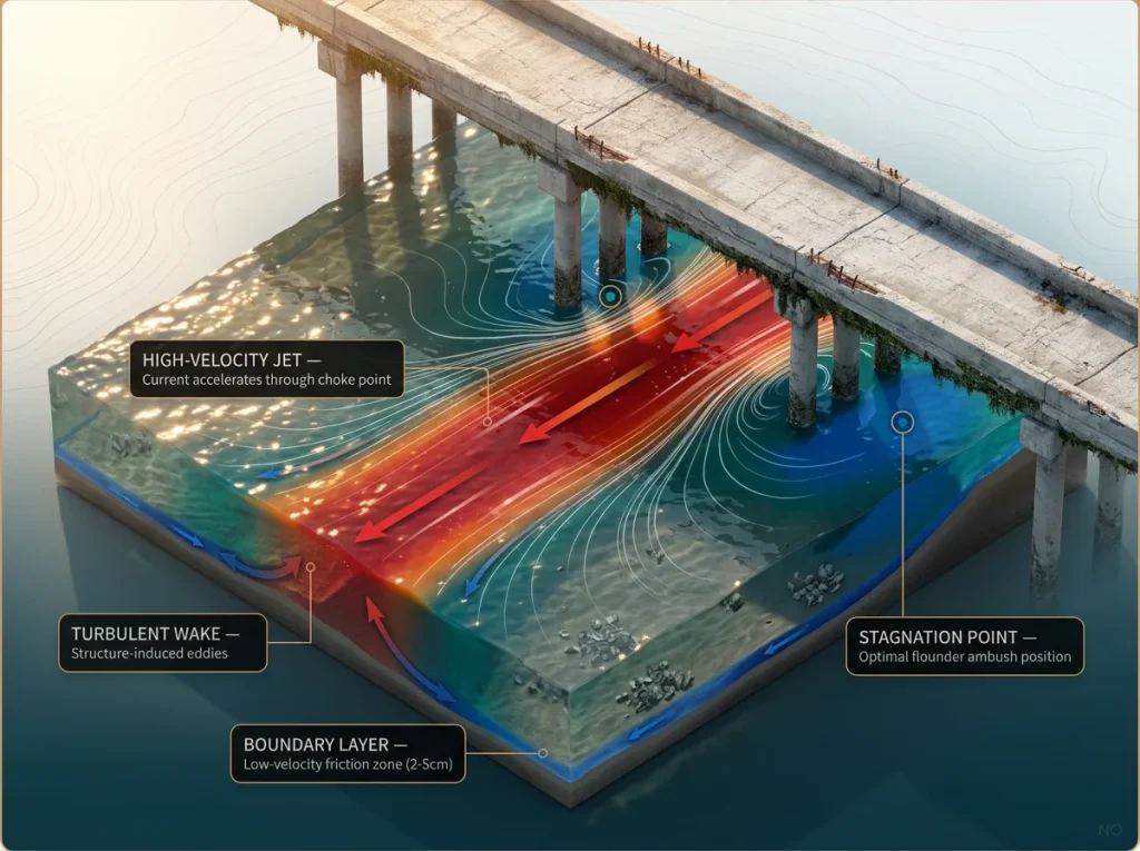 Infographic heat map showing estuarine current velocity with high-speed channels and low-velocity boundary layer zones