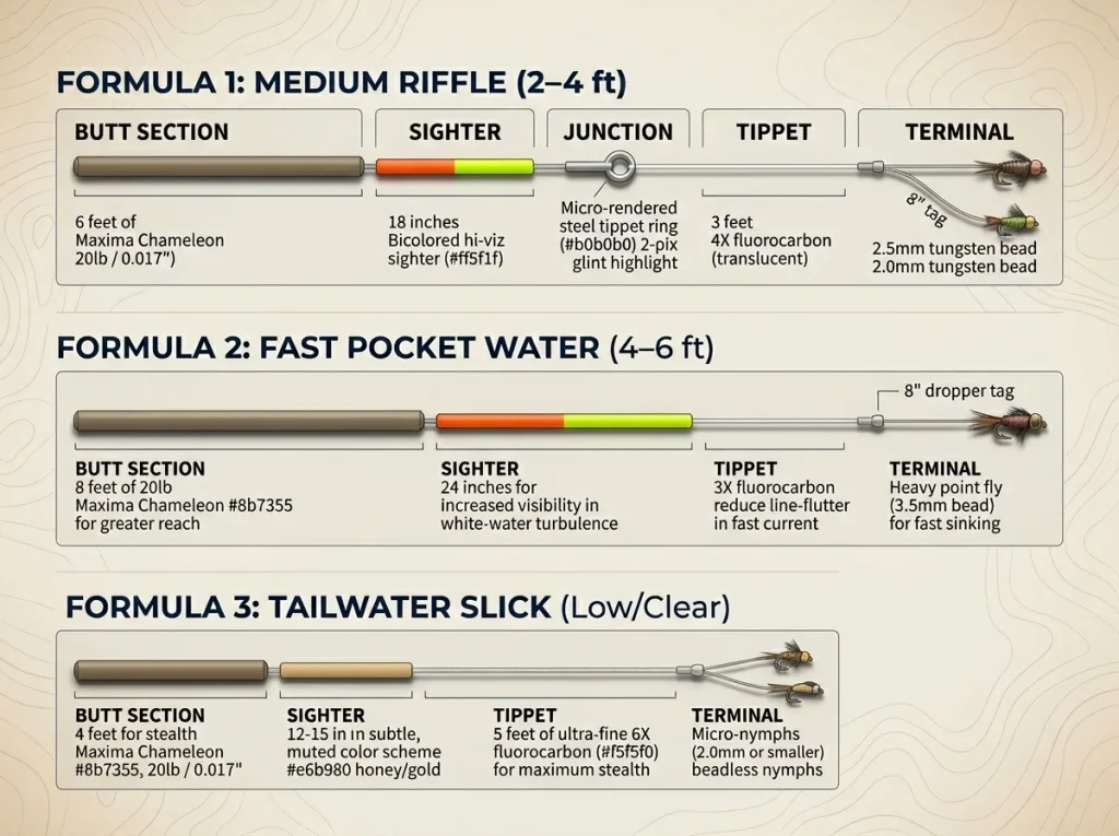 Infographic comparing three Euro nymphing leader formulas for riffles, pocket water, and tailwater slicks.