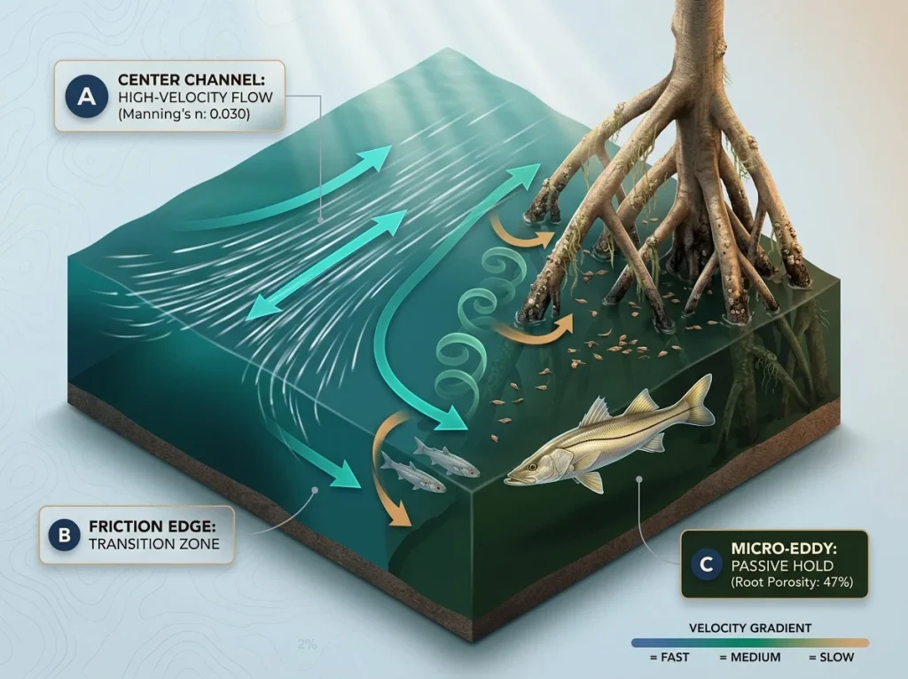 Infographic showing mangrove creek hydraulics with labeled velocity zones, root micro-eddies, and Snook feeding positions
