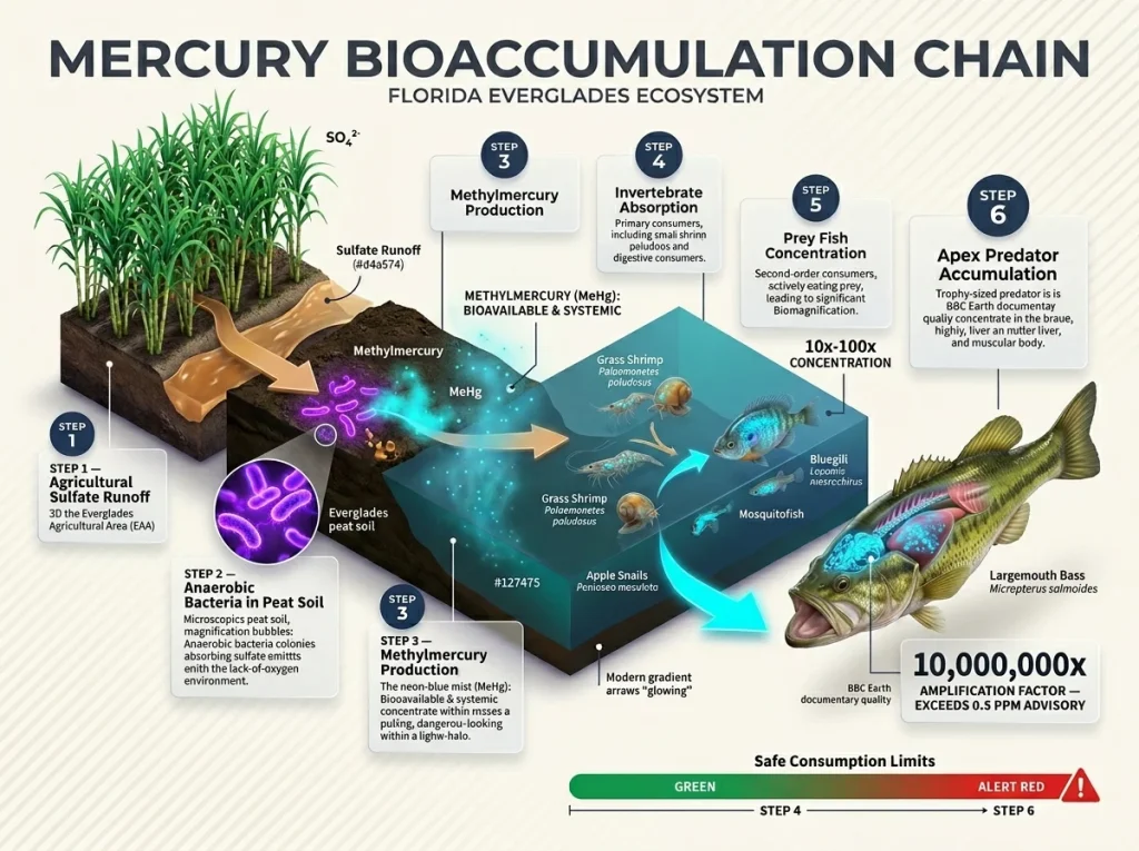 Technical infographic showing the 6-step mercury bioaccumulation chain from agricultural sulfate to apex predators in the Everglades