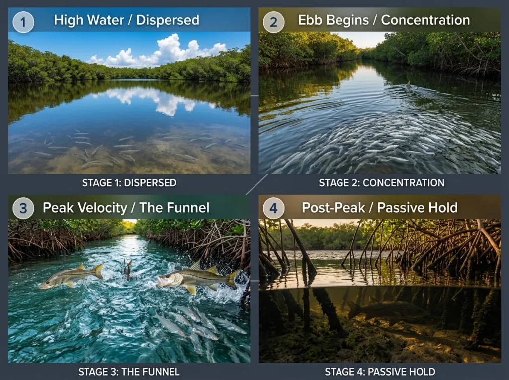 4-panel photo sequence showing the progression of a tidal feed window from dispersed baitfish to compressed biomass funnel