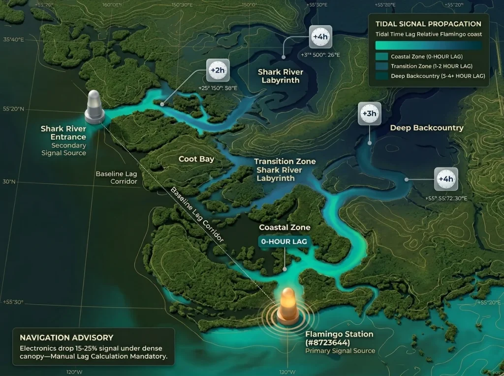 Stylized map of Everglades National Park showing tidal lag heatmap from coast to inland backcountry creek systems