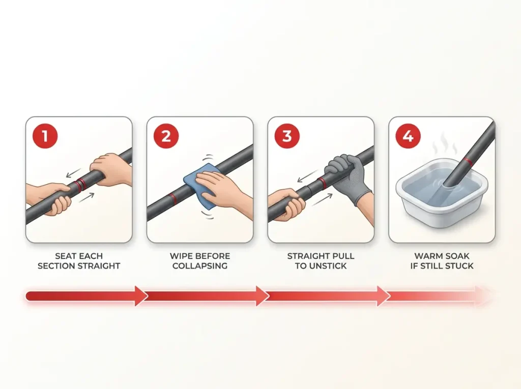 Step-by-step infographic showing how to seat, wipe, and unstick telescoping rod sections with a warm-water soak fallback
