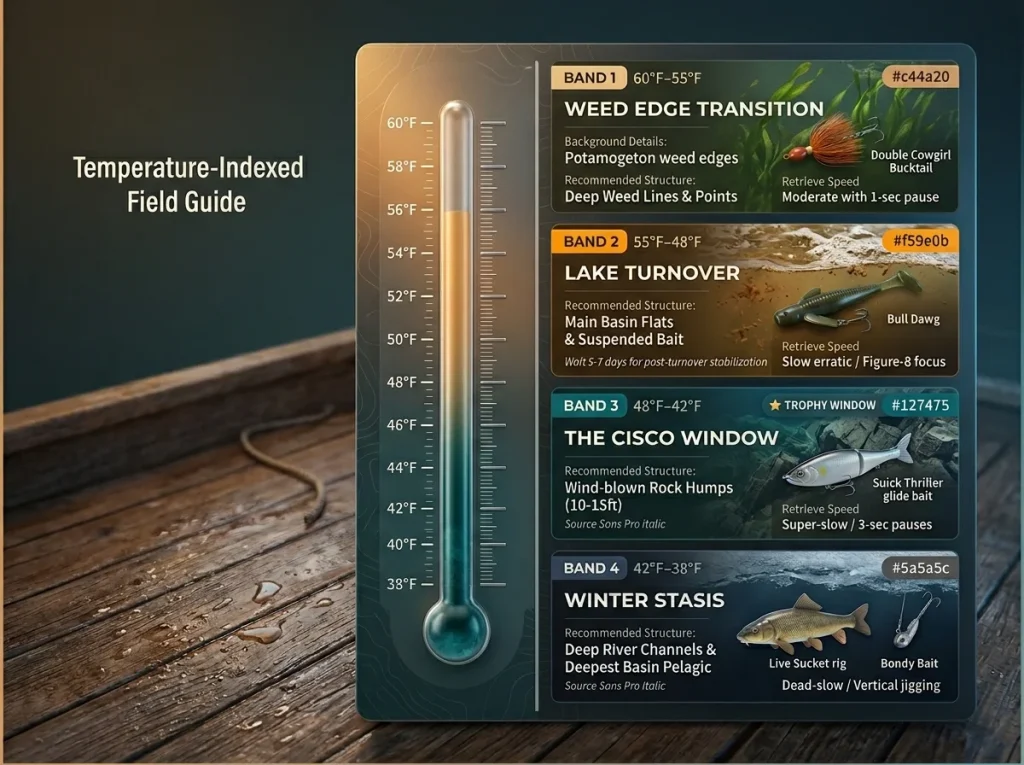 Vertical temperature scale infographic for fall musky fishing detailing weed transitions, lake turnover, and cisco spawning