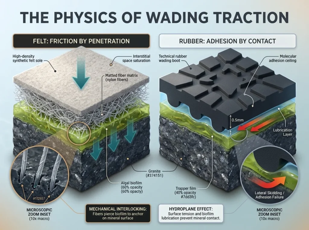 Infographic comparing felt fiber penetration vs rubber hydroplaning on river rock biofilm with microscopic zoom details