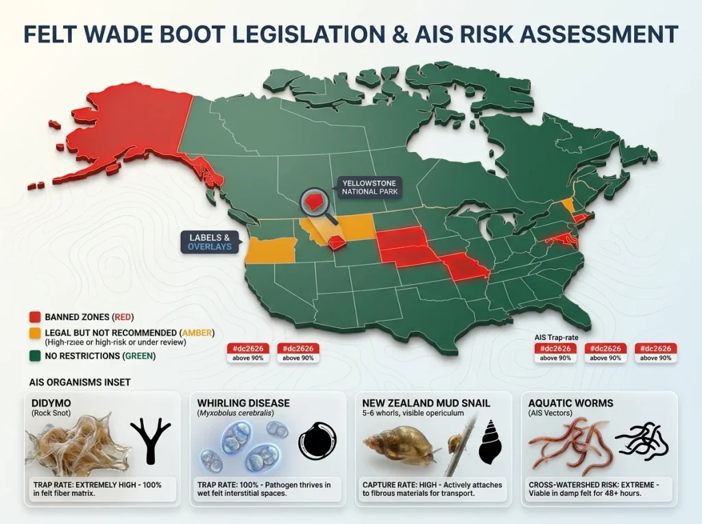 Map showing North American felt wading boot bans and legally restricted zones with aquatic invasive species trap rates