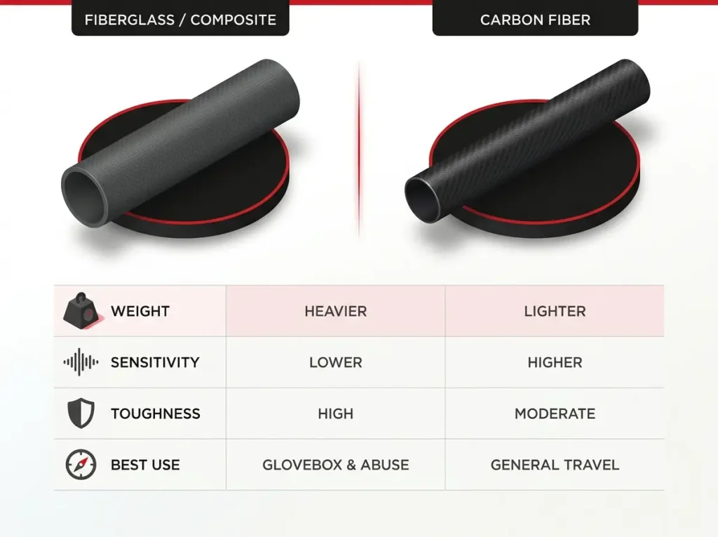 Comparison chart of fiberglass and carbon fiber rod blanks across weight, sensitivity, toughness, and best use