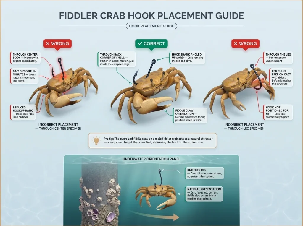 Infographic showing correct vs incorrect fiddler crab hook placement with labeled positions and underwater orientation arrows