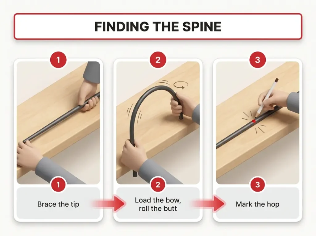 Infographic showing three steps to find a fishing rod spine with bracing, bending, and marking the hop point