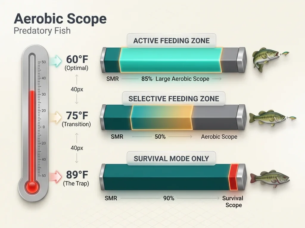 Infographic bar chart showing fish aerobic scope at varied temperatures with feeding activity and survival labels