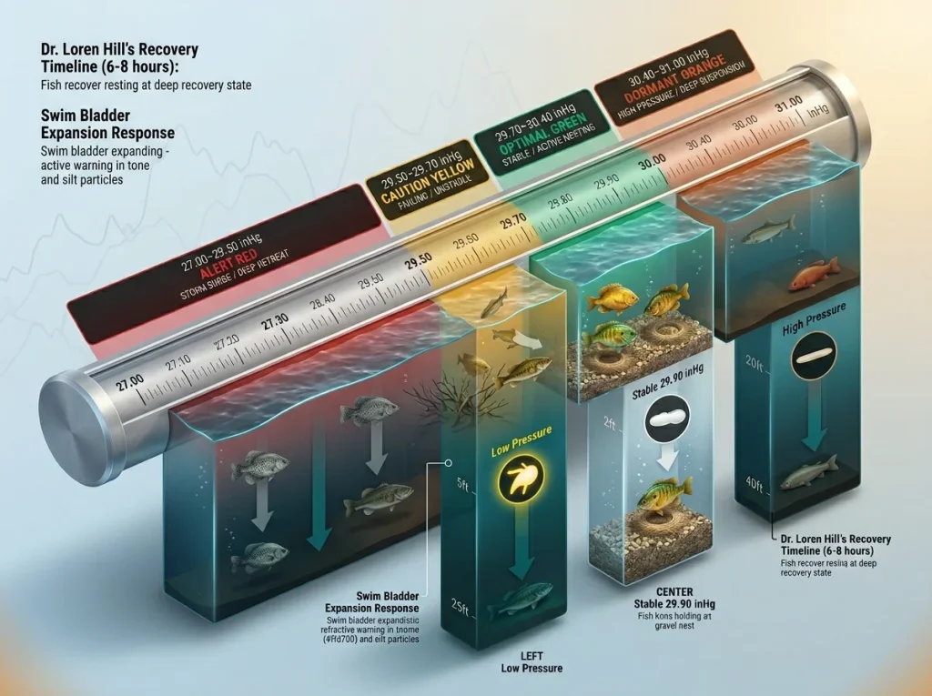 Infographic barometric pressure scale showing fish behavioral zones from 27.00 to 31.00 inHg with vertical movement cues