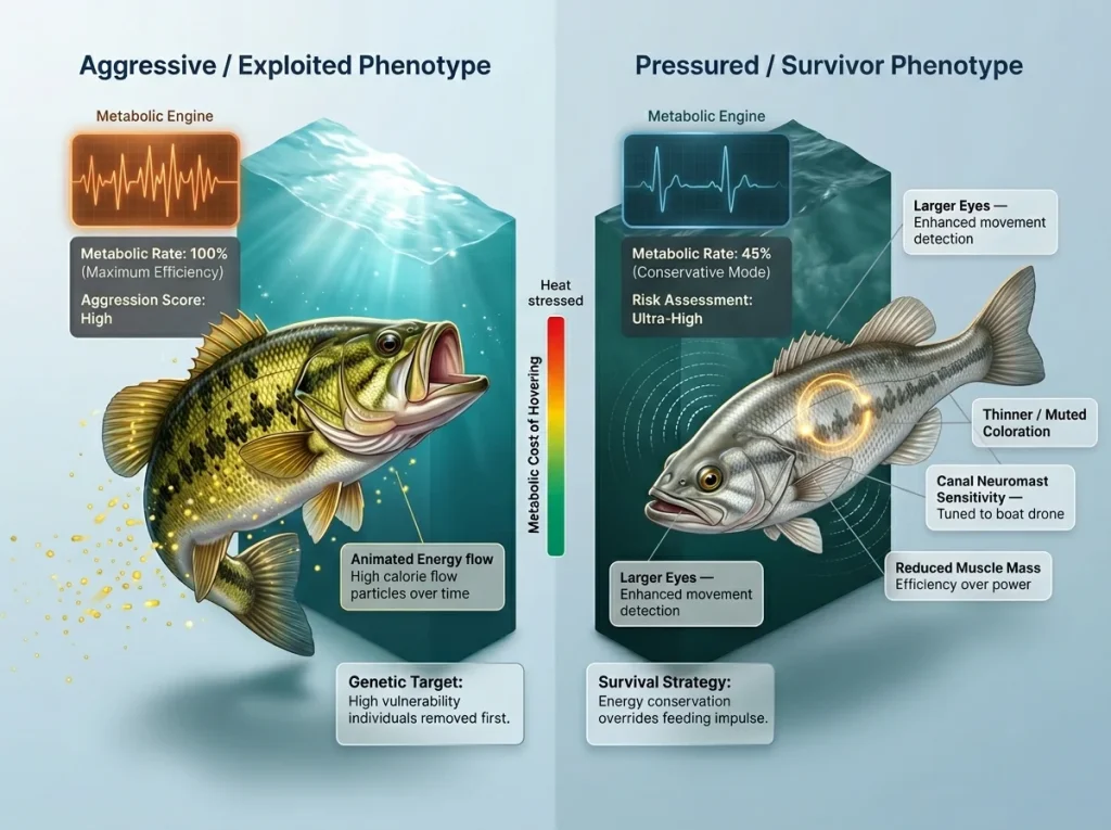 Infographic comparing metabolic demands of aggressive vs pressured fish with labeled energy expenditure and heart rate zones
