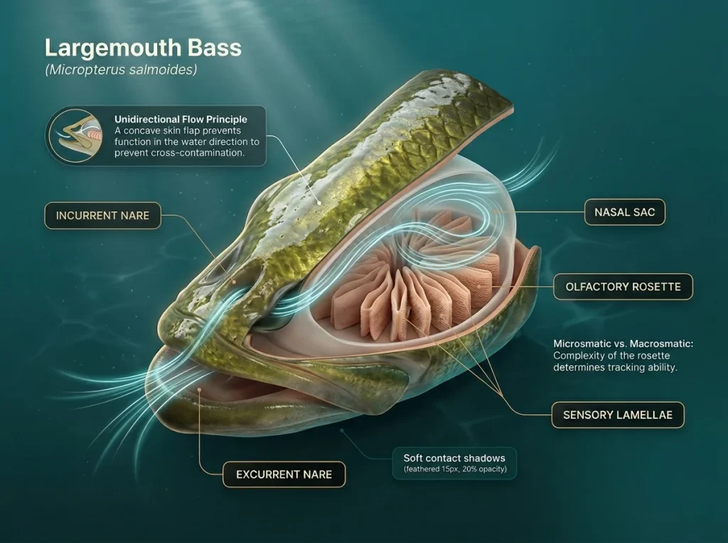 Anatomy diagram showing fish snout cross-section with water flow through nares and the olfactory rosette structure