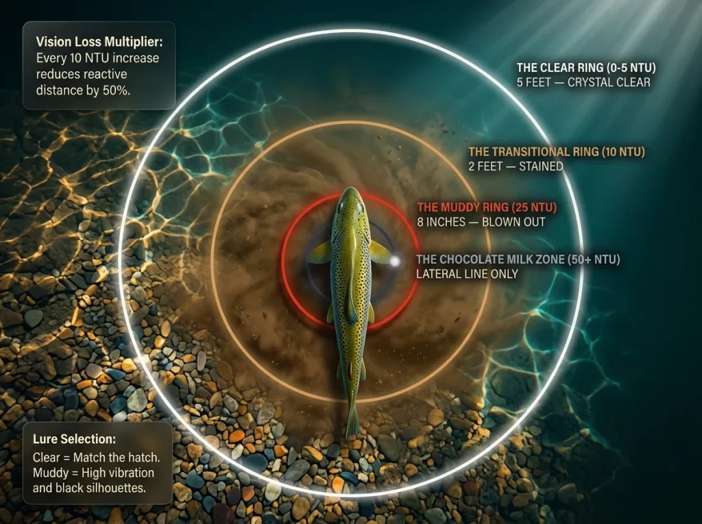 Diagram showing predator fish reactive distance shrinking as water turbidity increases from clear to chocolate milk