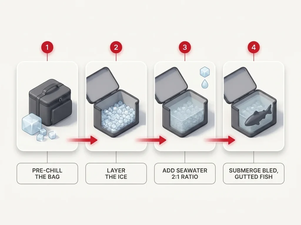 Step-by-step diagram showing how to build a fish slurry with pre-chilled bag, layered ice, seawater ratio, and submerged fish