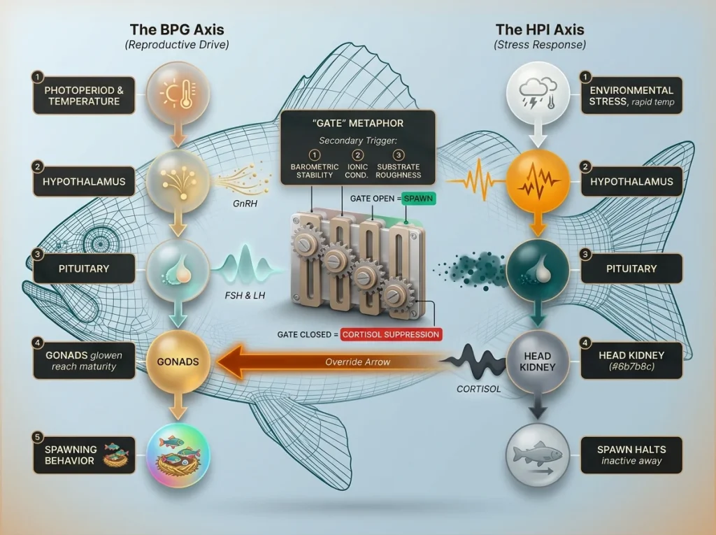 Infographic comparing fish BPG and HPI hormonal axes with a central gate showing secondary spawning triggers