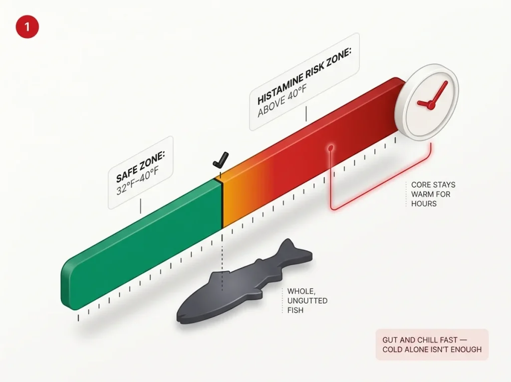 Infographic showing fish temperature risk timeline with safe zone vs histamine-risk zone and core-warm duration clock