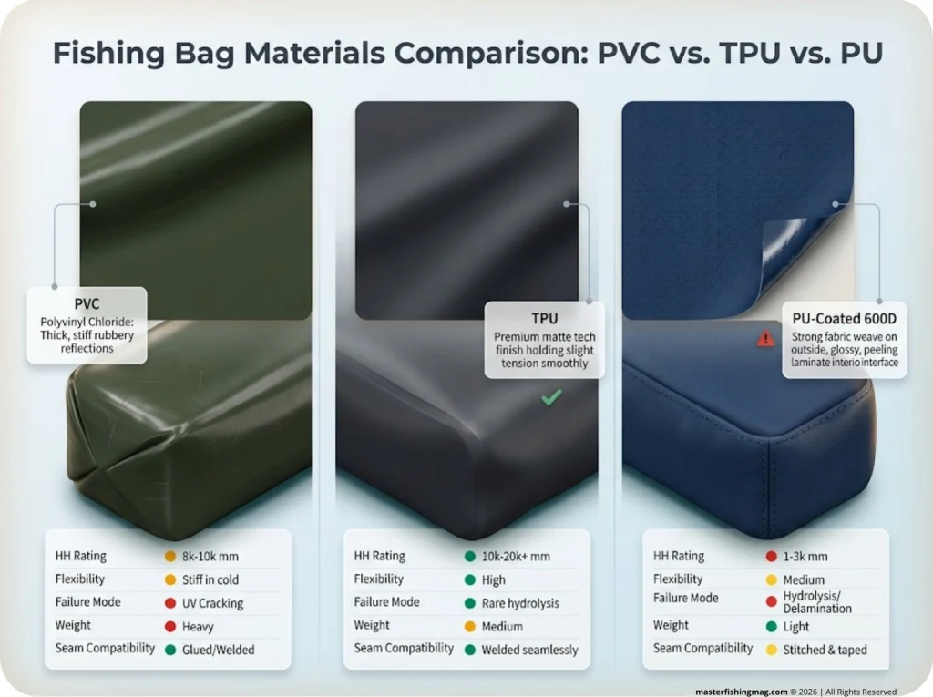 Infographic showing comparison of PVC, TPU, and PU-Coated fishing bag materials with waterproof ratings and failure modes