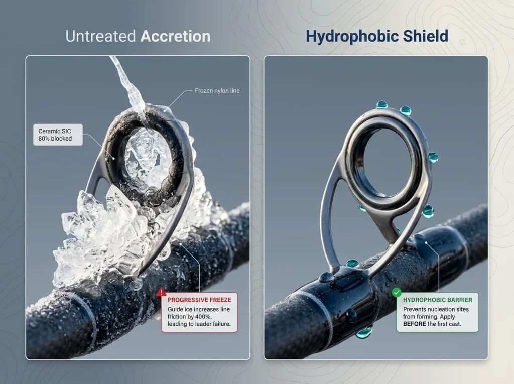Side-by-side comparison of fishing rod guide with ice accretion vs. guide treated with hydrophobic paste.
