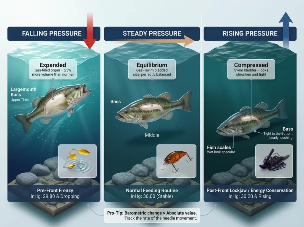 Infographic comparing fish swim bladder states and water column positioning across falling, rising, and steady pressure.