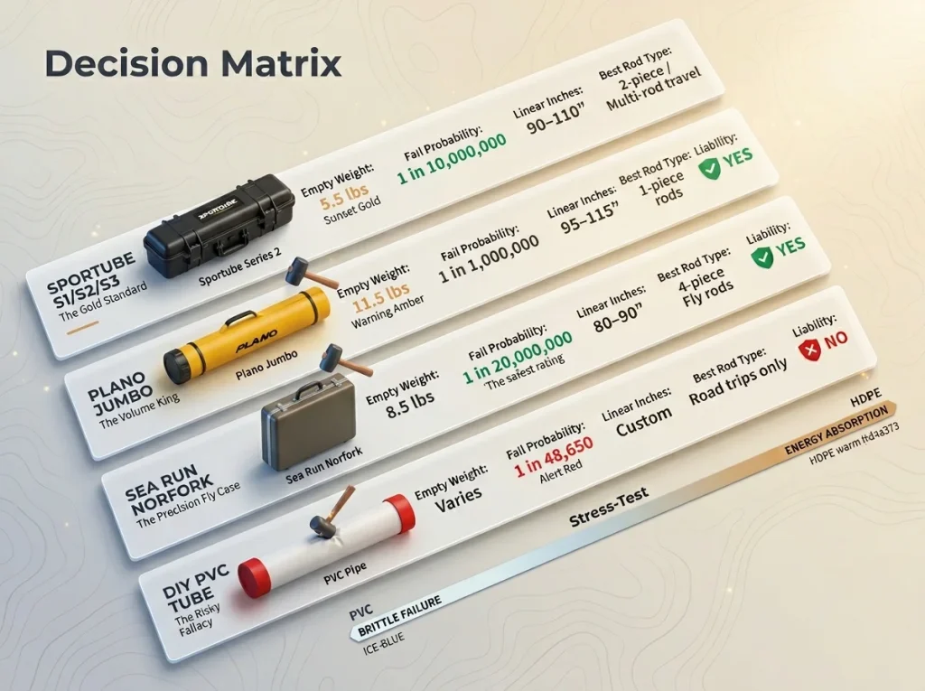 Comparison card showing weight-to-protection ratios for different fishing rod travel cases with liability coverage status
