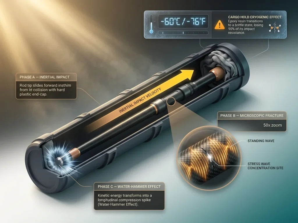 Technical infographic showing rod tip inertial impact physics inside a tube during air travel with temperature warnings