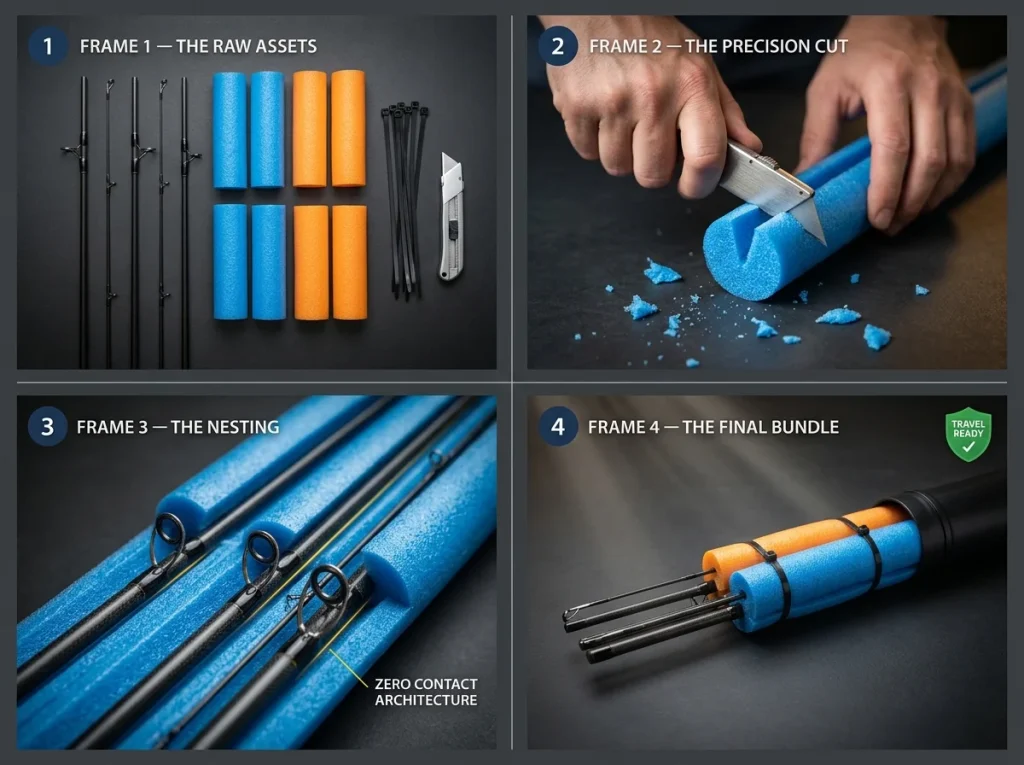 4-step photo sequence showing how to build a pool noodle suspension system for fishing rods to prevent air travel damage