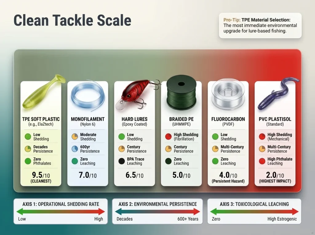 Infographic "Clean Tackle Scale" comparing fishing materials by shedding rate, persistence, and toxic leaching