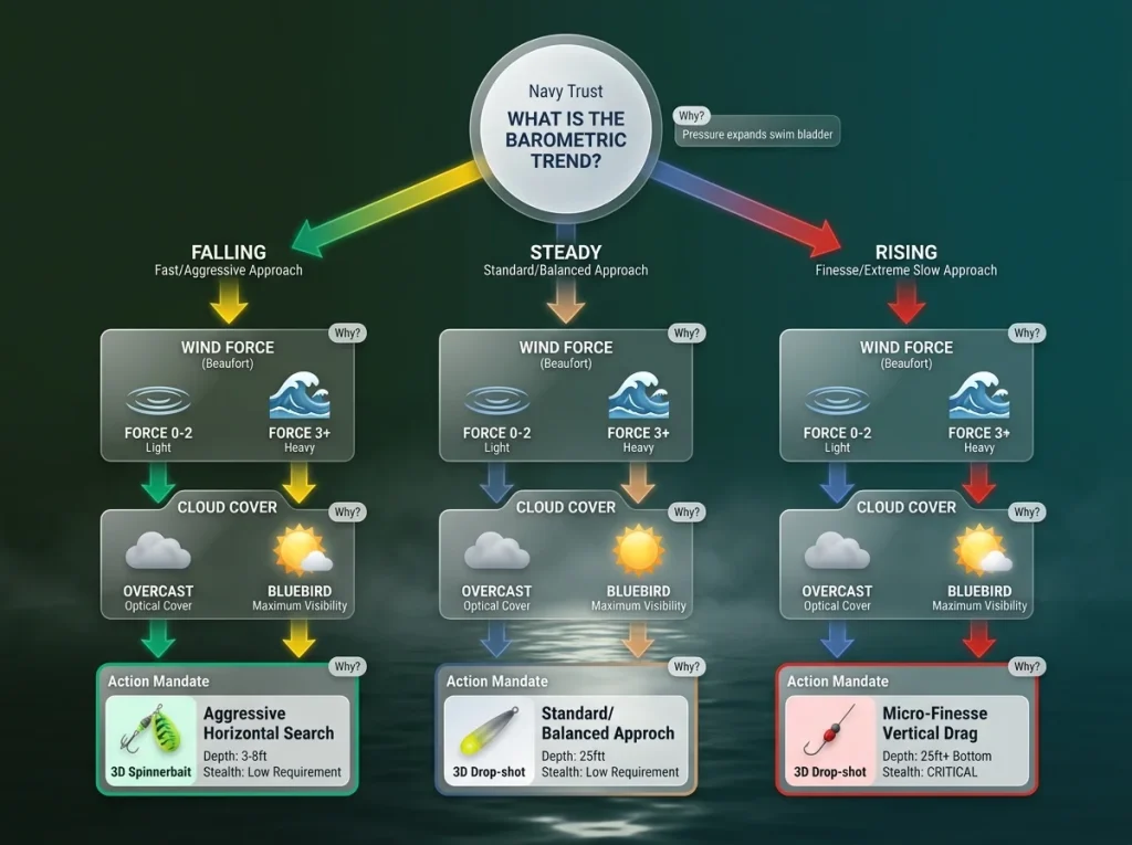 Infographic decision tree flowchart for fishing tactics based on barometer, wind, and cloud cover conditions.