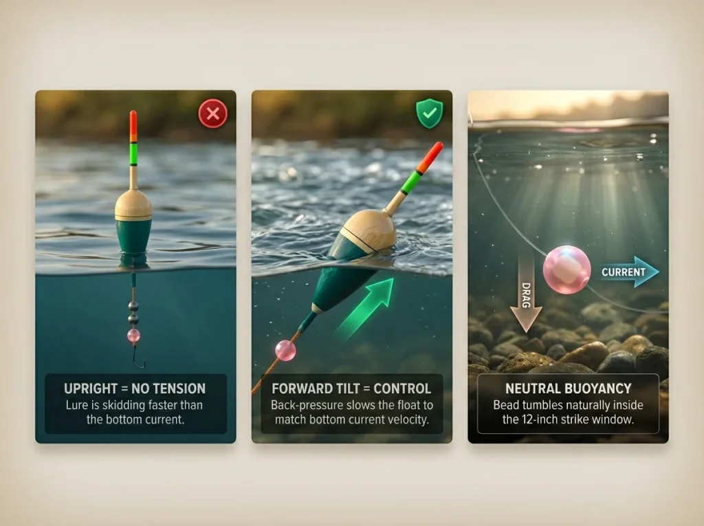 Photo sequence infographic showing correct float tilt, back-pressure physics, and bead positioning 4 inches off riverbed.