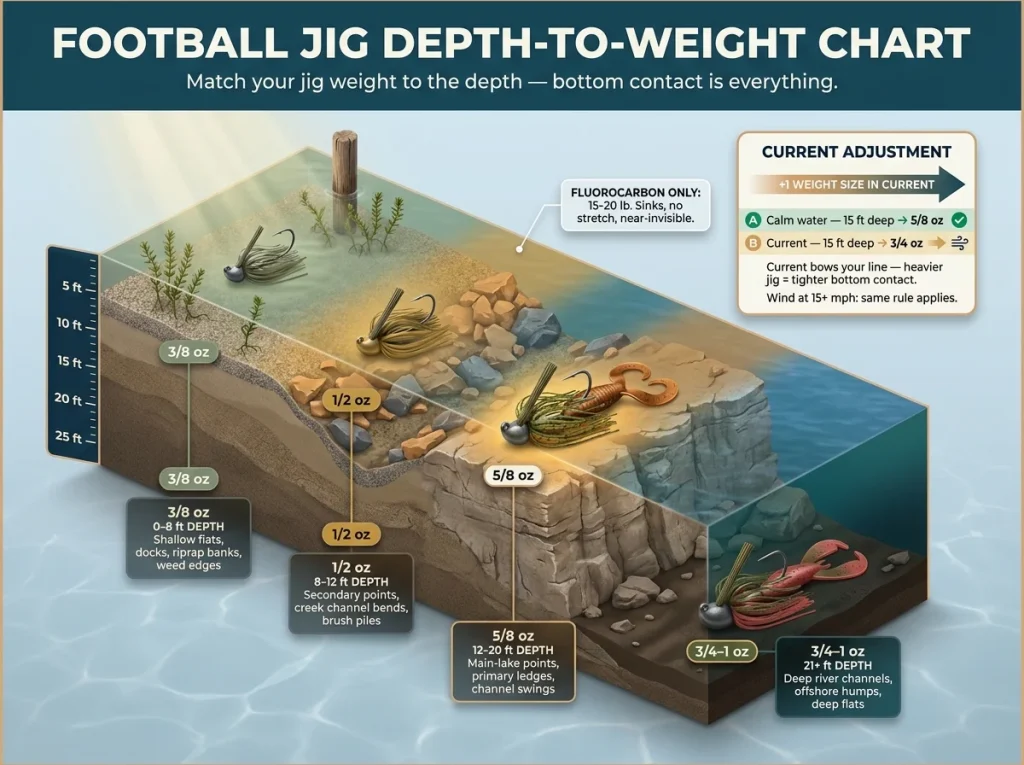 Infographic showing football jig depth-to-weight chart with color-coded lake cross-section zones, jig sizes, and current adjustment callout