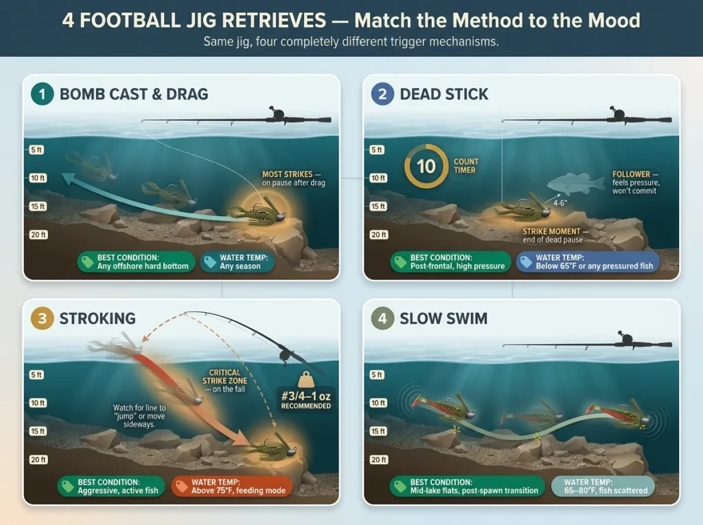 Infographic showing 4 football jig retrieves with rod angle, jig path, strike zones, and best-use conditions for each
