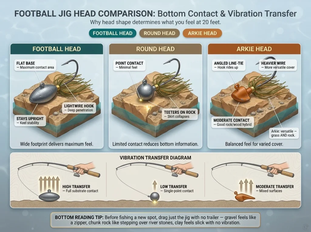 Infographic comparing football, round, and Arkie jig heads with bottom contact surface areas and vibration transfer path arrows