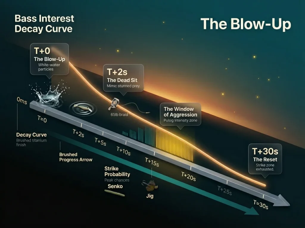 Timeline infographic of the 30-second follow-up window after a missed frog strike with bass interest decay curve