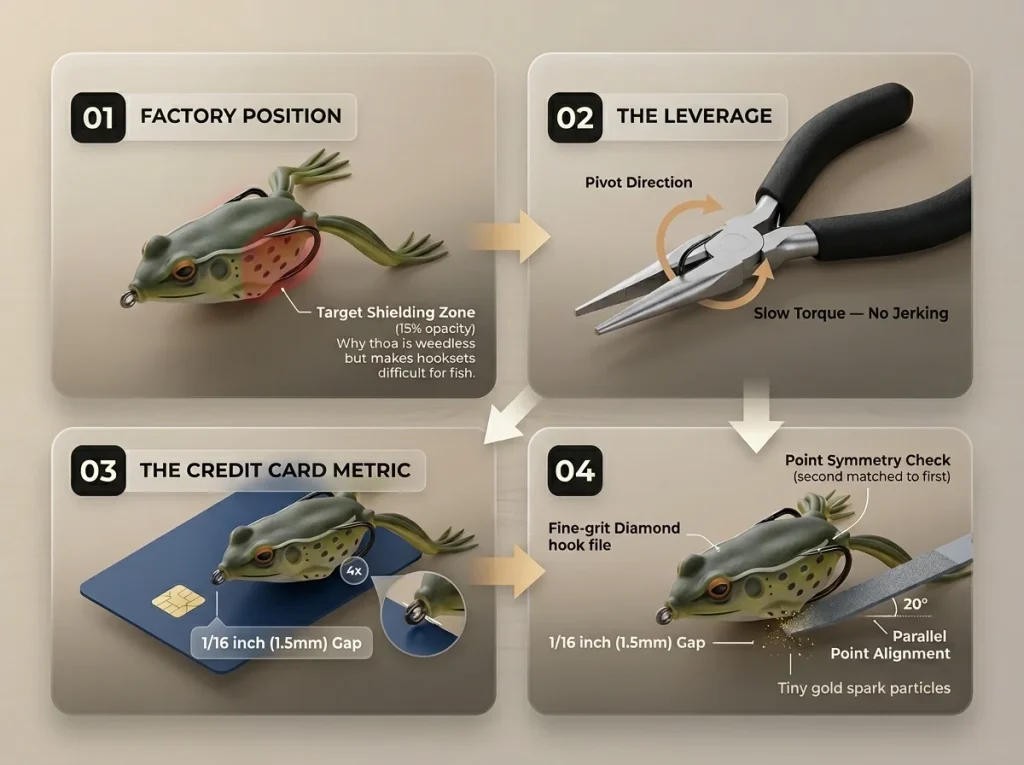 Step-by-step guide for bending hollow body frog hooks for better hook-up ratios with 1/16-inch credit card reference