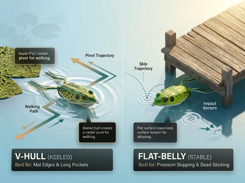 Infographic comparing V-hull and Flat-belly frog designs with pivot path arrows and cover type recommendations