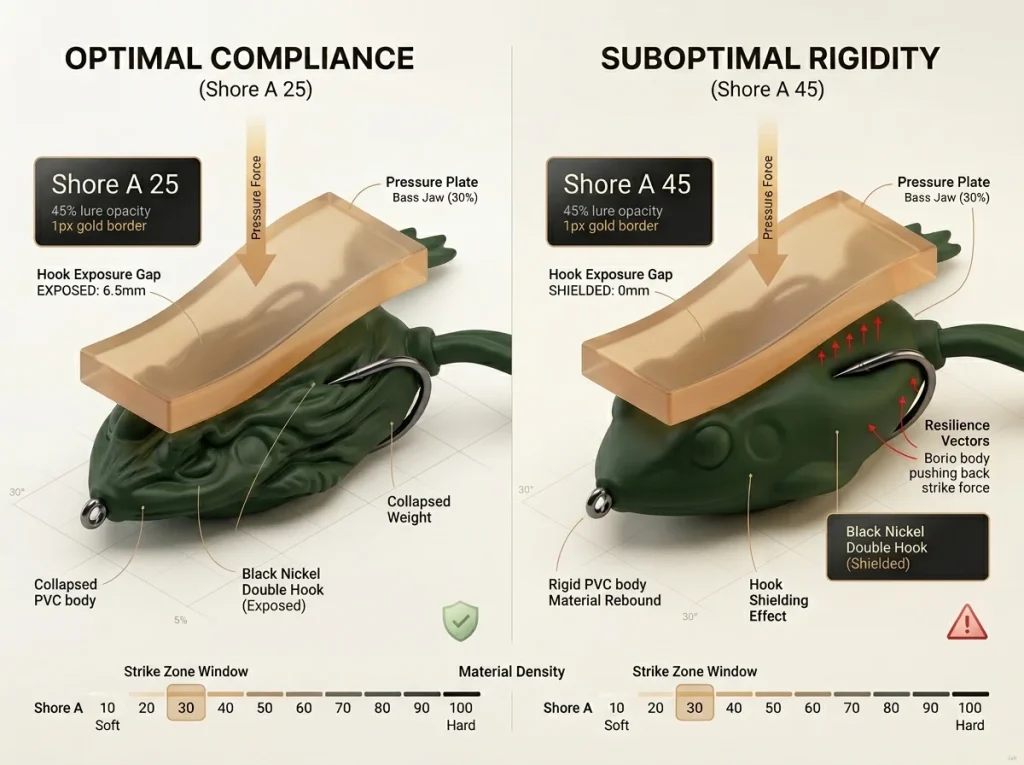 Infographic comparing Shore A 25 vs Shore A 45 frog body hook exposure under bass strike pressure