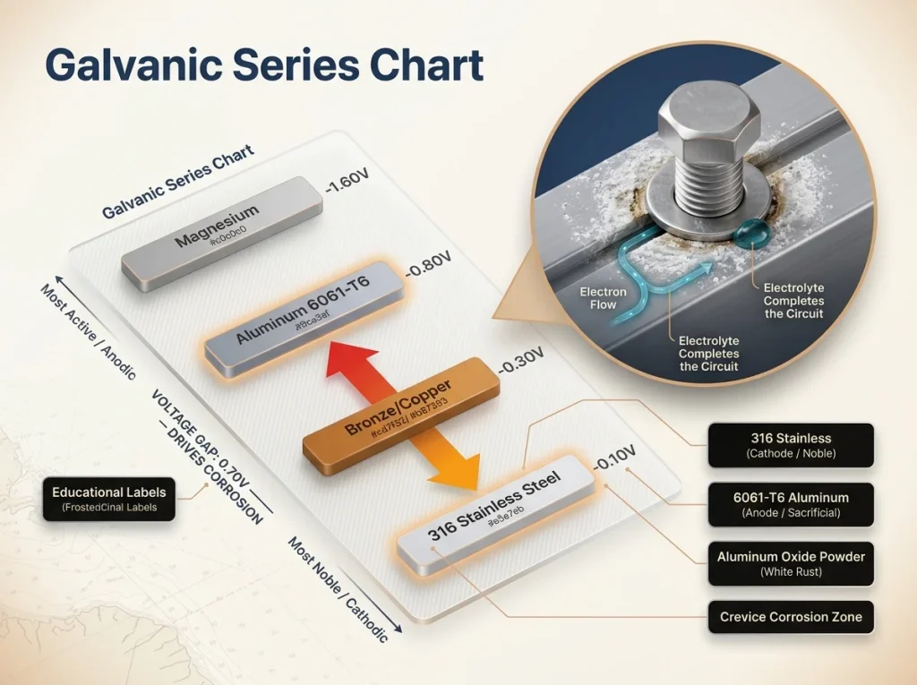 Galvanic series chart for marine metals with an inset showing a stainless bolt corroding an aluminum track