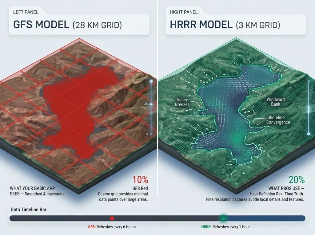 Infographic comparing GFS (28km) vs HRRR (3km) grid resolution over a fishing lake map to show forecast accuracy.
