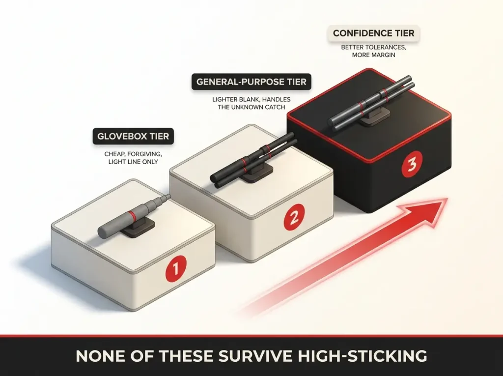 Three-tier infographic showing Glovebox, General-Purpose, and Confidence rod tiers with what each buys and its limit