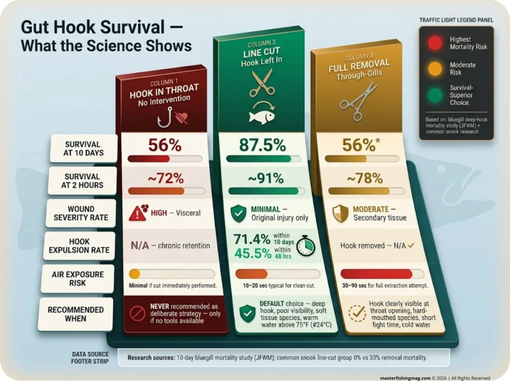 Infographic showing gut hook survival probability matrix comparing hook retention, line cut, and full removal outcomes with traffic light color coding