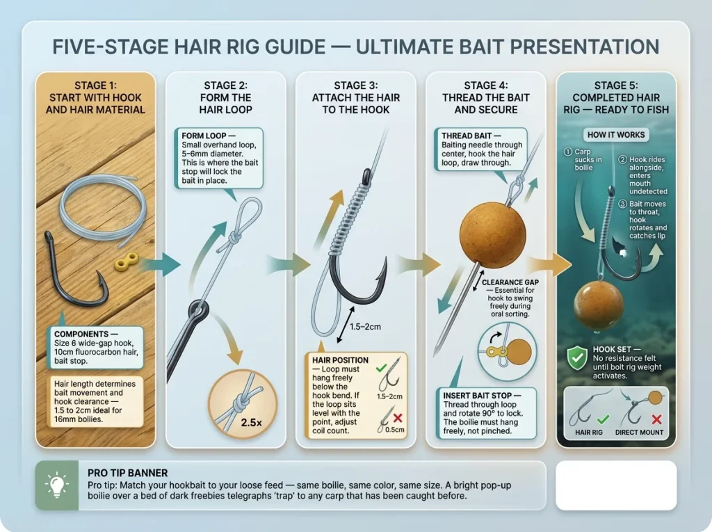 Infographic showing step-by-step hair rig tying process with labeled hook, hair loop, bait stop, and boilie placement for carp