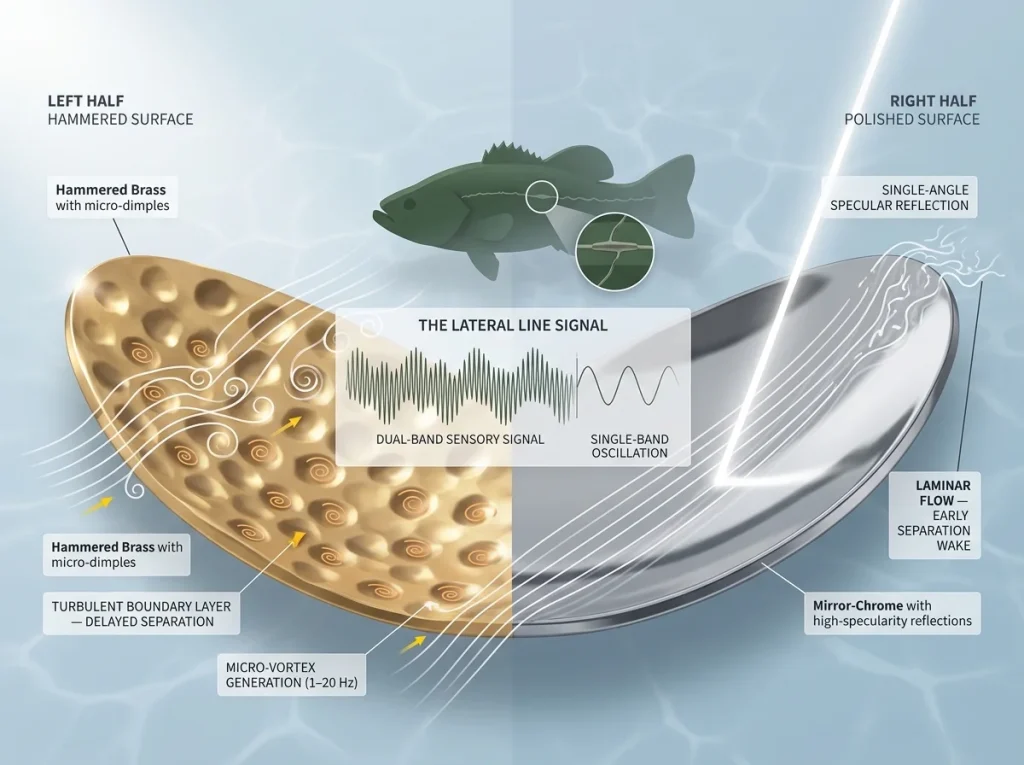 Technical diagram comparing hammered vs polished spoon surfaces boundary layer flow and lateral line signal generation