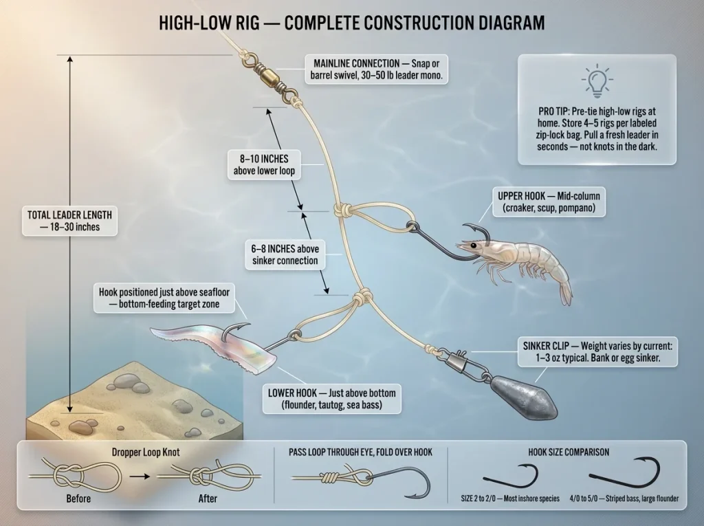 Infographic showing high-low rig construction with labeled loop spacing, hook attachment, sinker connection, and depth measurements