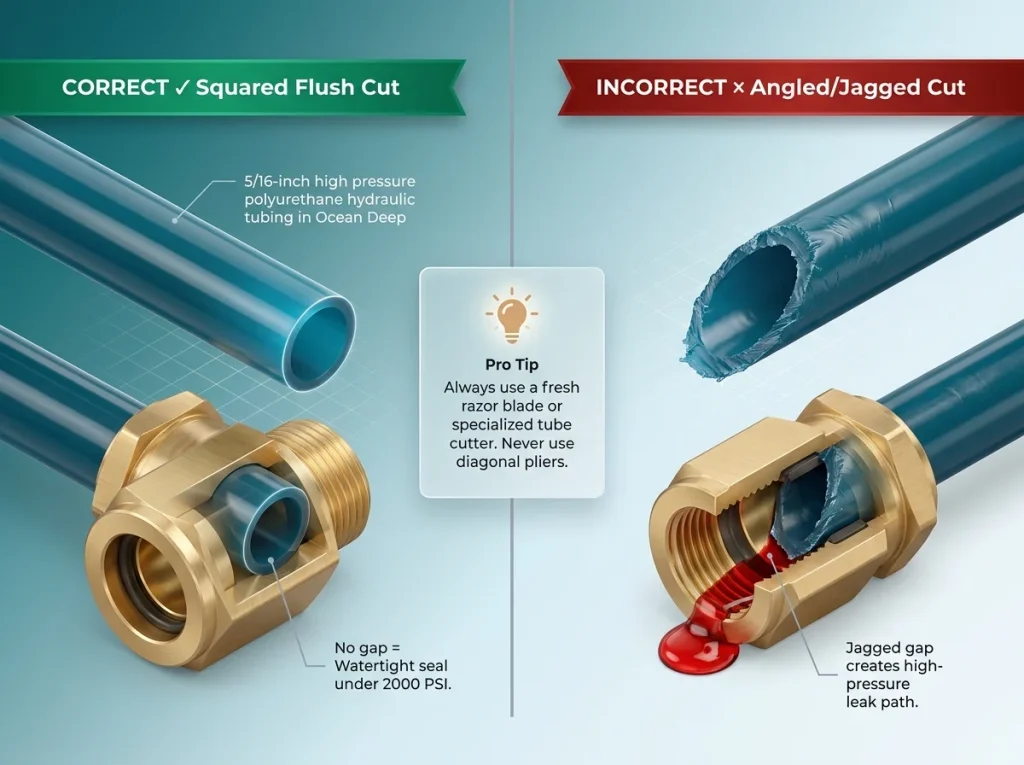 Infographic contrasting correct squared flush cut versus incorrect angled cut on hydraulic tubing for leak-free installation